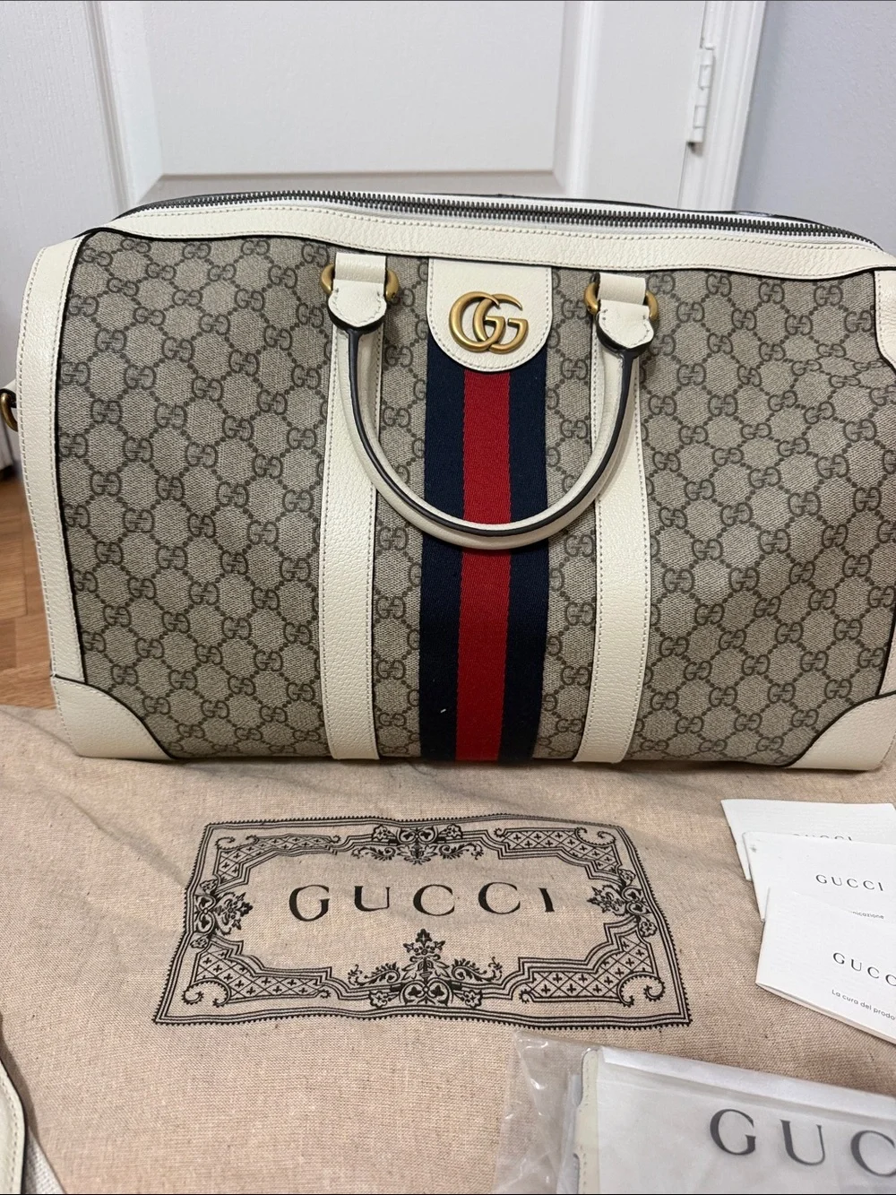 Gucci Beige GG Supreme Canvas Tote with Red and Navy Web and White Leather Trim